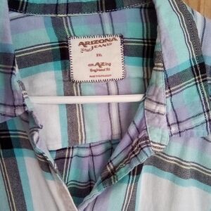 Arizona Jean Company Women's Button Down Shirt - Aqua and Purple Plaid